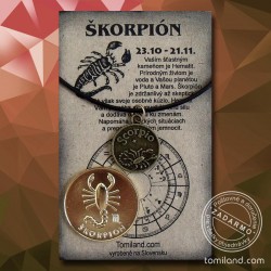 Prívesok škorpión s čiernou koženou šnúrkou a zlatá minca minca.