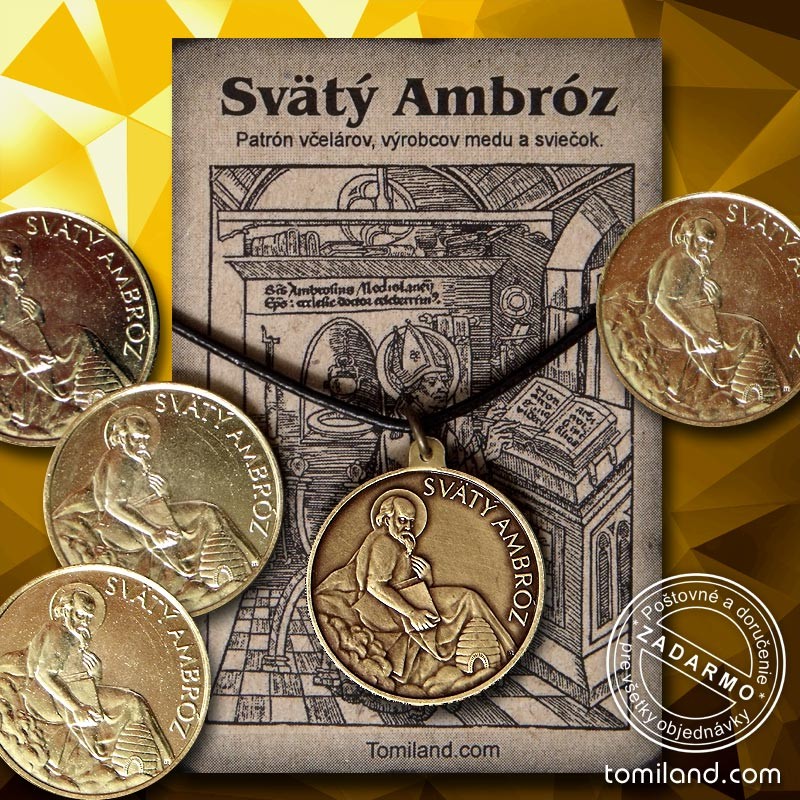 Prívesok Svätý Ambróz s mincou pre šťastie.
